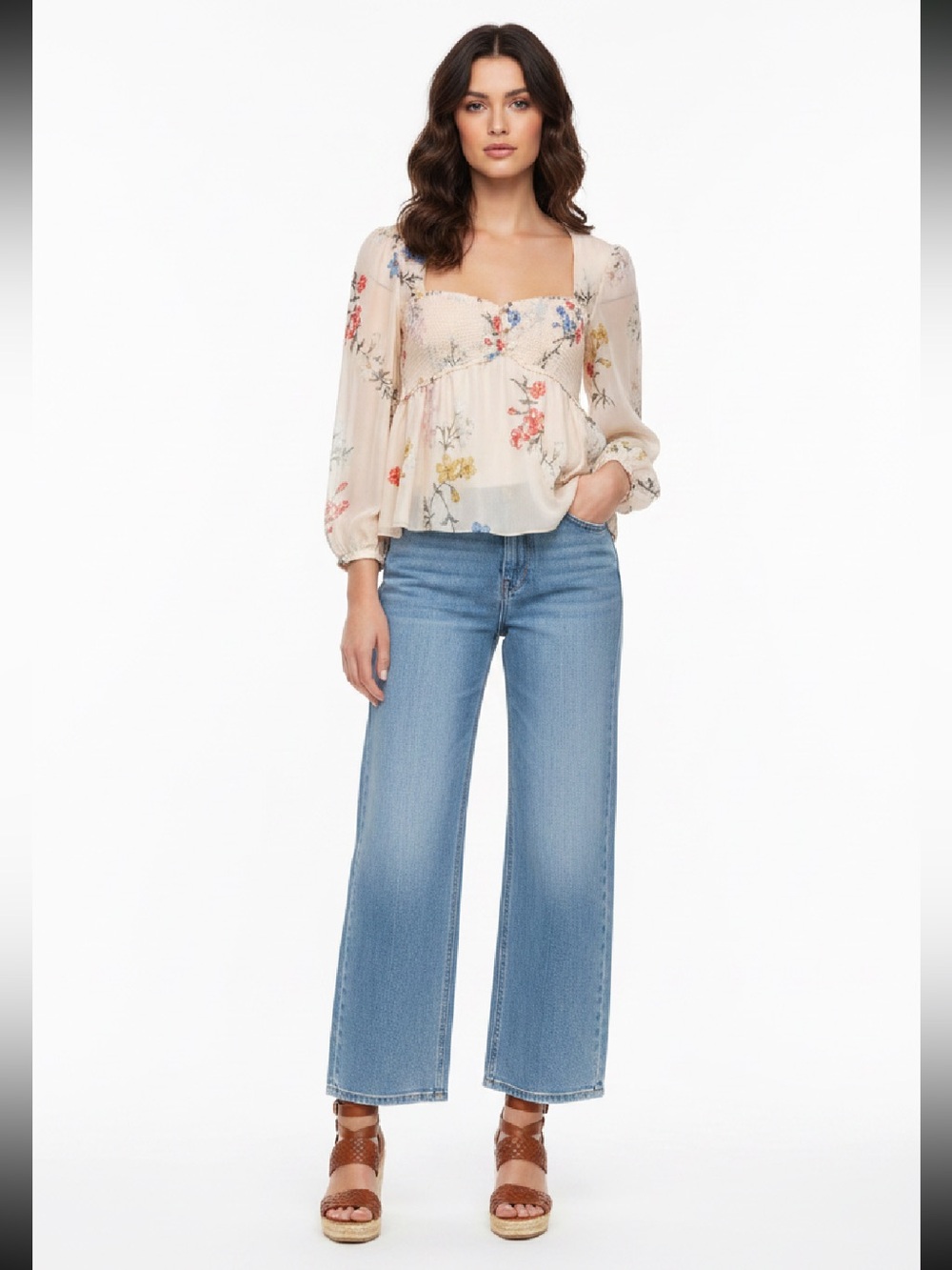 INTERMIX Cream Floral Smocked Peasant Silk Blouse 💗💗